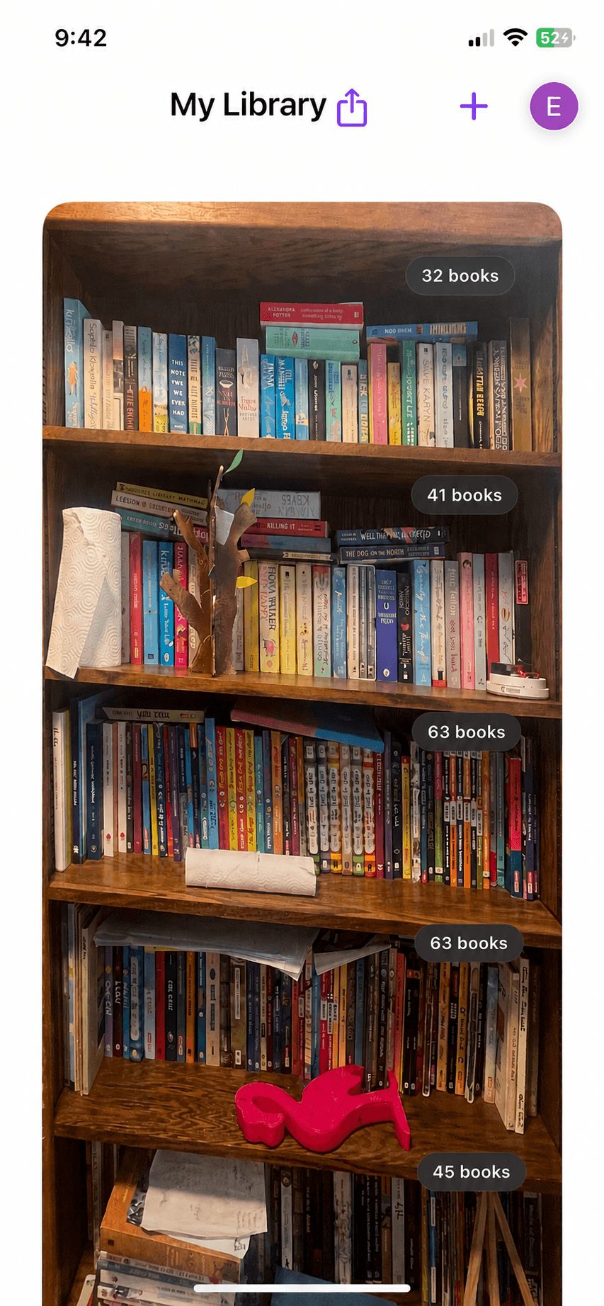 A real five-shelf bookcase scanned with Velato
